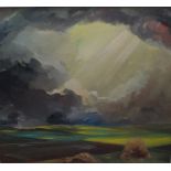 A 20TH CENTURY IMPRESSIONIST STORMY LANDSCAPE, indistinctly signed lower left, oil on canvas, framed