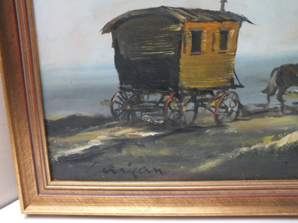 CORRIGAN. A 20th century wooded coastal scene with gypsy caravan, horse, figures and dog, signed - Image 3 of 3