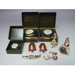 THREE BOXED CRUMMELS ENAMEL PILL BOXES, together with a selection of miniature Limoges trinkets etc.