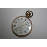 AN OPEN FACED MANUAL WIND POCKET WATCH, the outer casing is stamped 14k on the inside, Dia 4.75 cm