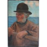 A LATE 19TH / EARLY 20TH CENTURY STUDY OF A FISHERMAN AT SEA, in a rowing boat holding an oar,