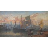 A LATE 19TH / EARLY 20TH CENTURY EARLY MORNING HARBOUR SCENE, with sailing vessels and figures, town