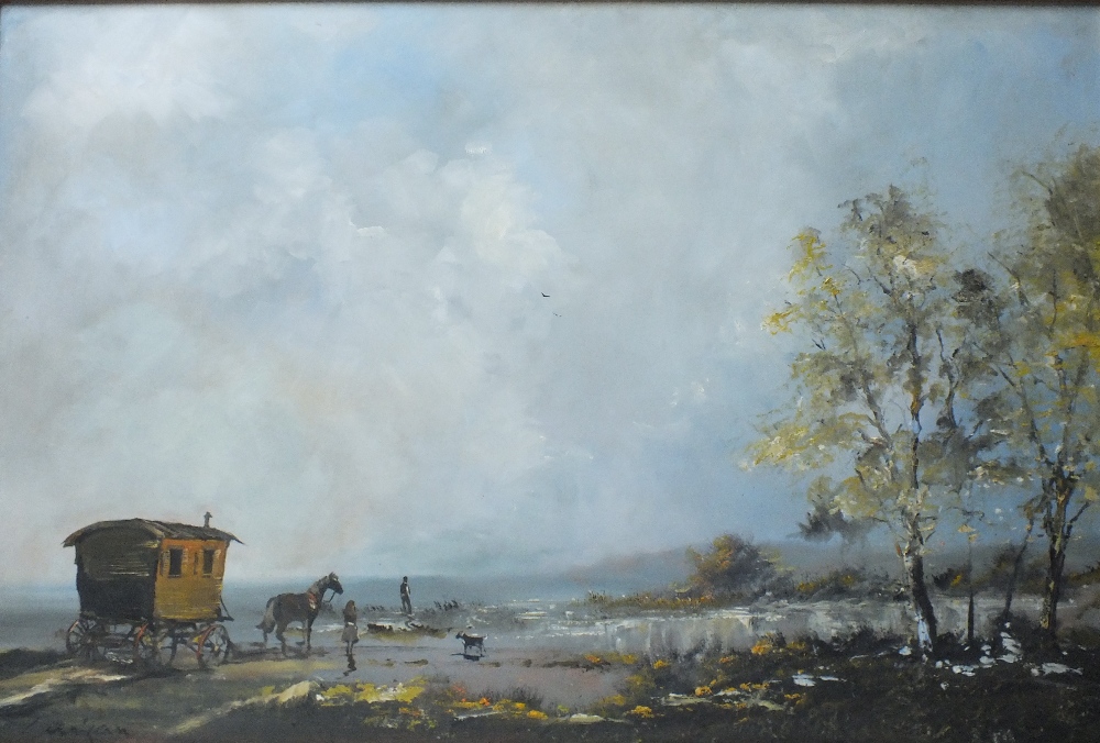 CORRIGAN. A 20th century wooded coastal scene with gypsy caravan, horse, figures and dog, signed