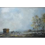 CORRIGAN. A 20th century wooded coastal scene with gypsy caravan, horse, figures and dog, signed