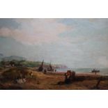 HARRY WILLIAMS (1807-1886). Coastal shore scene with figures and fishing boars, buildings and