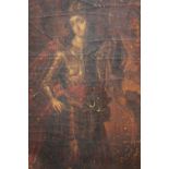 AN EARLY PORTRAIT STUDY OF A RELIGIOUS FIGURE IN ARMOUR, in a Gothic style wooden frame, unsigned,