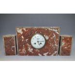 A FRENCH ART DECO A LA GERBE D'OR MARBLE CLOCK GARNITURE, of simple form, white circular enamel dial