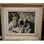 ROBERT JONES (XX). 'The Shearers', signed lower left, oil on board, framed, 20 x 24 cm