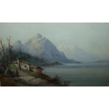 F. CATANO. A late 19th / early 20th century Northern Italian mountainous lake scene with cottage,
