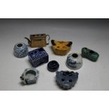 A SELECTION OF CHINESE TYPE WATER DROPPERS ETC, to include blue and white examples, one in the