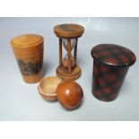 COLLECTORS LOT - A MAUCHLINE WARE GLASS HOLDER, together with a Mauchline ware egg timer and a