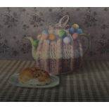 JOHN MORLEY (b.1942). Still life study of a bun and teapot with tea cosy on a table 'Bath Bun' see