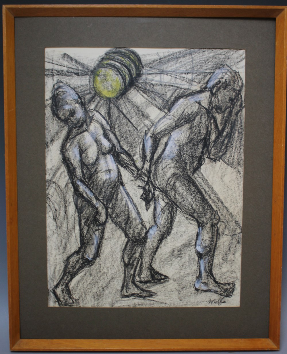 WOLFE. A 20th century modernist study of the sun beating down on a male and female nude, signed - Image 2 of 3