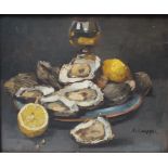 E. CHAPPEL. Twentieth century impressionist still life, study of oysters on a platter with a glass