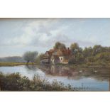 A 20TH CENTURY WOODED RIVER LANDSCAPE WITH WATERMILL, indistinctly signed lower left, oil on