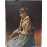A LATE 19TH / EARLY 20TH CENTURY STUDY OF A SEATED YOUNG WOMAN HOLDING A BOOK, unsigned, oil on