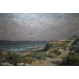 A 20TH CENTURY IMPRESSIONIST STORMY COASTAL SCENE WITH FIGURES ON PATH, indistinctly signed lower