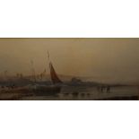JOHN CUTHBERT SALMON (1844-1917). Coastal beach scene with beached fishing boat, figures and