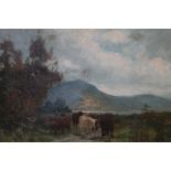 NINETEENTH CENTURY SCOTTISH SCHOOL, story mountainous wooded Loch scene with Highland cattle and