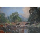 A 20TH CENTURY IMPRESSIONIST WOODED RIVERSCAPE, with stone bridge, hills beyond, signed lower right,
