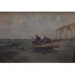 FRANK SALTFLEET (1860-1937). A coastal scene with fishermen in a rowing boat in a heavy swell,