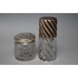 A HALLMARKED SILVER TOPPED SCENT BOTTLE, together with a small Art Nouveau silver topped jar, H 5