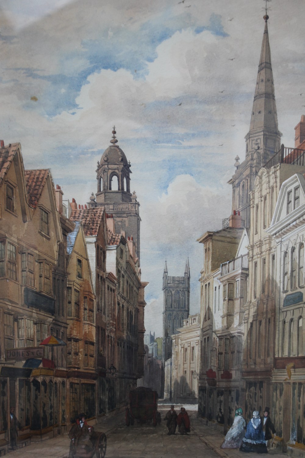 A 19TH CENTURY BRISTOL SCENE, with figures and carriages, 'Corn St. from Wine St' see verso,