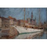 H.S.T. A continental town harbour scene with figures and moored sailing vessel, signed with initials