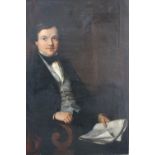 A 19TH CENTURY PORTRAIT STUDY OF A SEATED YOUNG GENTLEMAN WITH THE SCOTSMAN NEWSPAPER, unsigned, oil