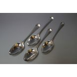 FOUR EARLY HALLMARKED SILVER TABLE SPOONS, consisting of two by Ebenezor Coker 1751 (hallmarks