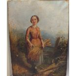 A 19TH CENTURY STUDY OF A PEASANT GIRL HARVESTING BY A STILE, hills in background, unsigned, oil