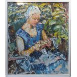 ENGLISH SCHOOL (XX). Portrait of a lady knitting, oil on canvas, framed, 80 x 71 cm