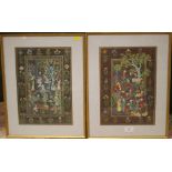 A PAIR OF EASTERN STUDIES ON SILK, depicting many figures in traditional dress in typical