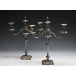 A LARGE PAIR OF SILVER PLATED THREE BRANCH CANDELABRA, H 52.5 cm
