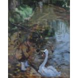 LE JEUNE. A 20th century impressionist wooded riverscape with boy feeding a swan, signed lower left,