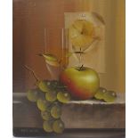 MIKE WOODS (1967). 'Still Life Study of Apple, Grapes and Wine', signed lower left, oil on canvas,