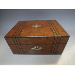 A VICTORIAN WALNUT LADIES JEWELLERY CASE, having mother of pearl and Tunbridge type inlaid