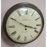 A 19TH CENTURY MAHOGANY CASED SINGLE FUSEE CIRCULAR WALL CLOCK, the painted dial measuring 12",