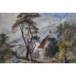 FREDERICK RICHARD LEE (1798-1879). Rural wooded village scene with figures, hills beyond 'A Summer
