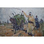 A 20TH CENTURY ARABIAN SCENE, with horse, cart and figures, signed lower right, oil on canvas,