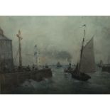 A LATE 19TH / 20TH CENTURY BUSY HARBOUR SCENE AT DIEPPE, with boats and figures, see verso,