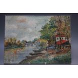 TWENTIETH CENTURY CONTINENTAL SCHOOL, an impressionist wooded river scene with buildings and bridge,