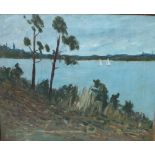 ? W. HAMILTON. Impressionist river landscape with sailing vessels, hills beyond, signed and dated