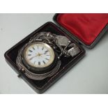 A LADIES VICTORIAN SILVER POCKET WATCH WITH SILVER ALBERTINA CHAIN, watch Dia. 4 cm