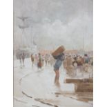 CHAMPION JONES (b.1856). Quayside scene with sailing ship and numerous figures, signed and dated