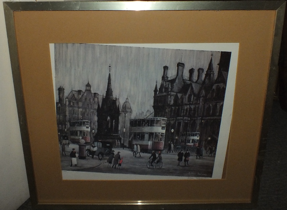 ARTHUR DELANEY (1927-1987). Northern town scene with trams and figures, signed in pencil lower - Image 2 of 3