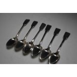 A COLLECTION OF SIX MAINLY VICTORIAN HALLMARKED SILVER FIDDLE PATTERN TABLE SPOONS, various dated