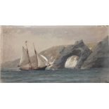 RICHARD HENRY NIBBS (1816-1893). Rocky coastal scene with sailing vessel 'Rocks at Torquay',