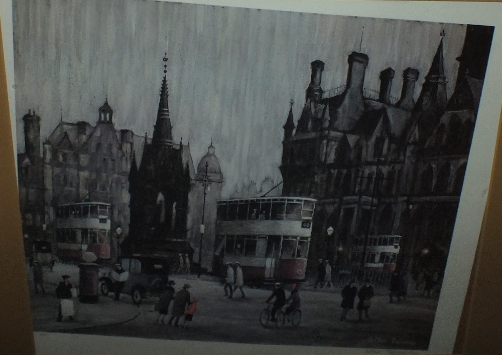 ARTHUR DELANEY (1927-1987). Northern town scene with trams and figures, signed in pencil lower