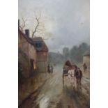 JAMES WALKER GOZZARD (1888-1950). Stormy village street scene with horse, cart and figures, signed